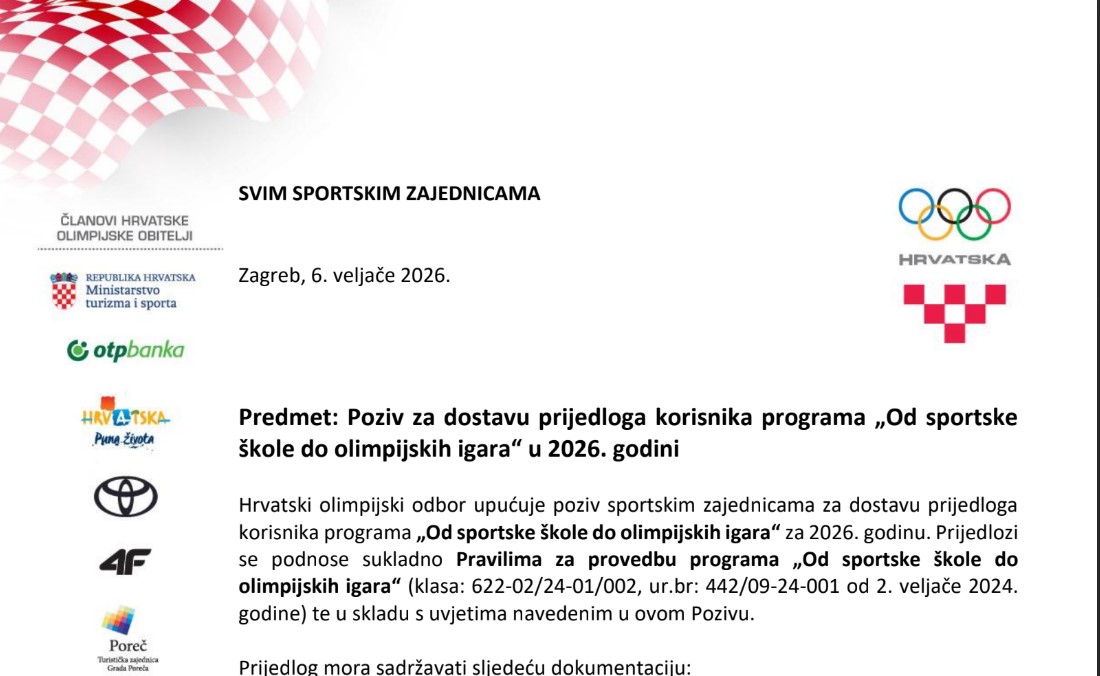 Pročitajte više o članku Poziv Od sportske škole do OI